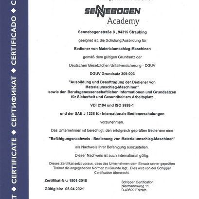 SENNEBOGEN Training Zertifizierung für Befähigungsnachweis - Bedienung von Baggern