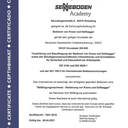 SENNEBOGEN Training Zertifizierung für Befähigungsnachweis - Bedienung von Kranen und Seilbaggern